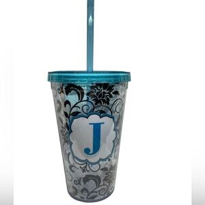 16oz Floral Scroll Tumbler w/ Straw “J” Monogram Teal Accents NWT